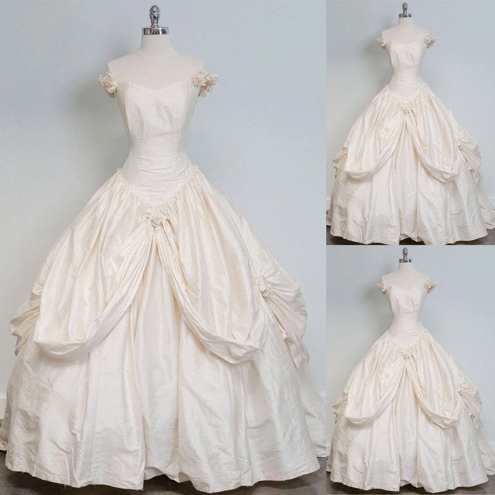 Victorian Satin Wedding Dresses Off the Shoulder Full Length Bridal Ball Gowns