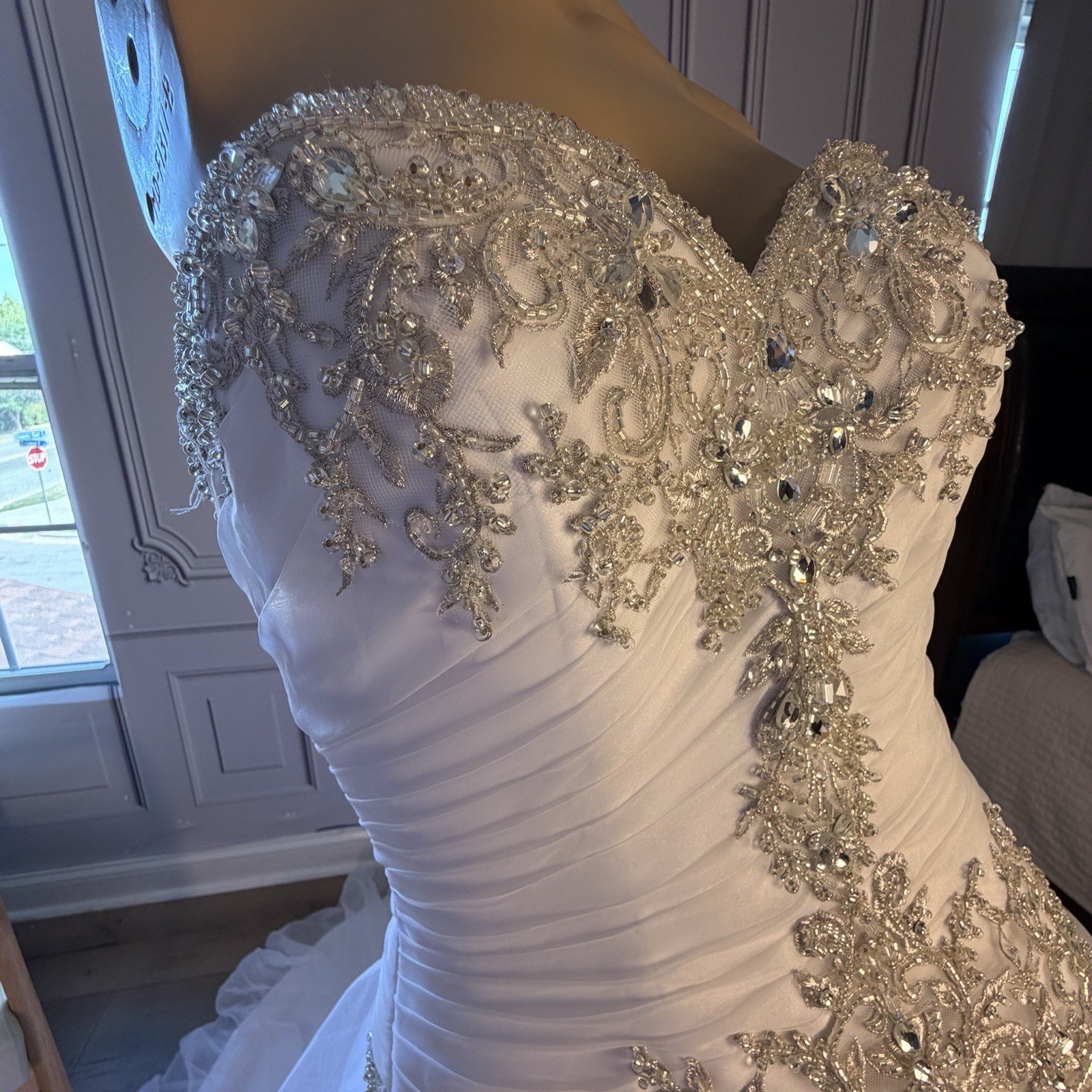 La Joli Mode Strapless White Wedding Gown With Gold Beaded Embellishment Size 10