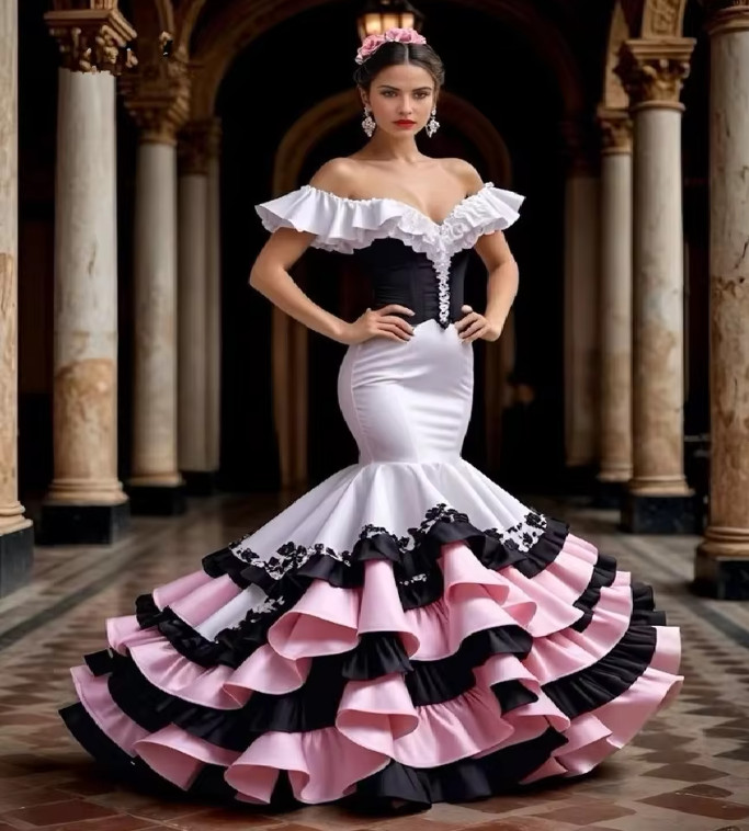 White Pink Mermaid Wedding Dresses Off Shoulder Ruffles Flamenco Spanish