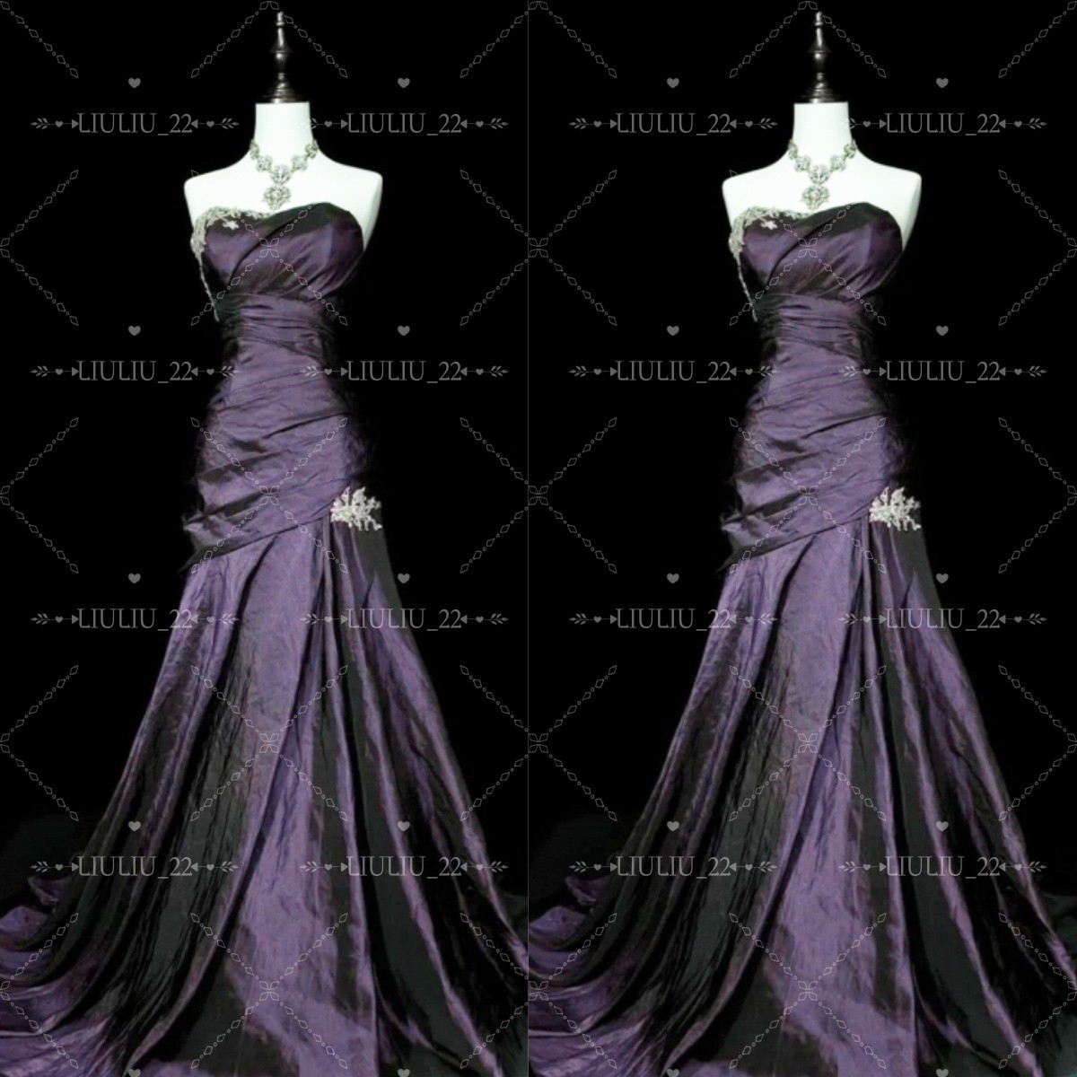 Purple Satin Mermaid Wedding Dresses Strapless Ruching Sweep Train Bridal Gowns