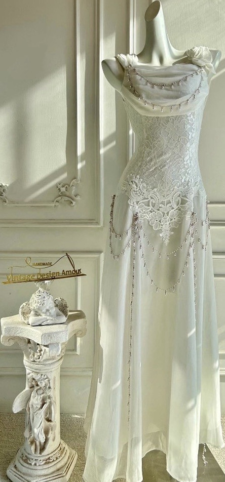 Handmade White Lace Beaded Sleeveless Cowl Neck Vintage Column Full-Length Dress