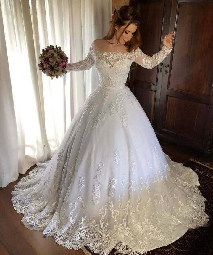 Elegant Wedding Dresses Lace Applique Long Sleeve A Line Sweep Train Bridal Gown