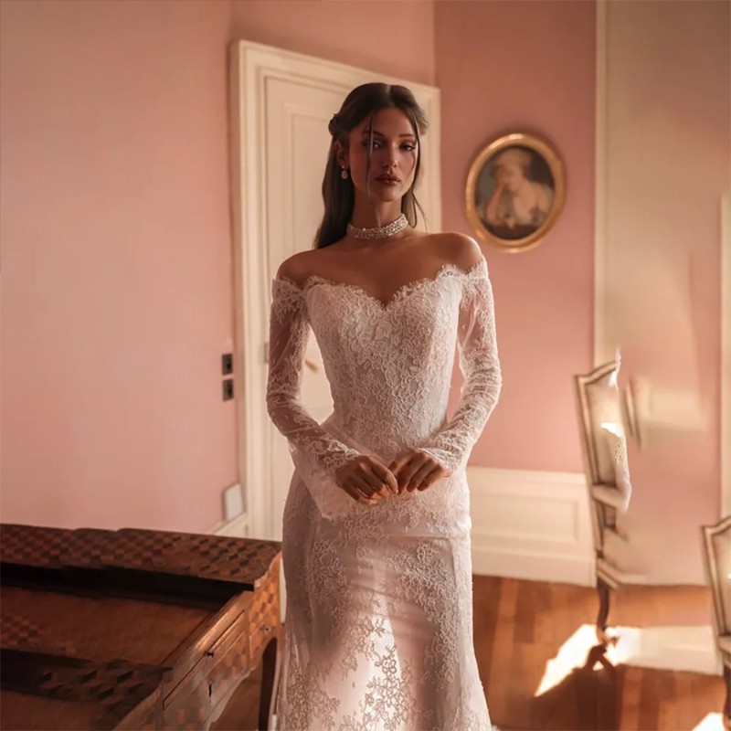 Backless Lace Mermaid Wedding Dress Floor Length Bridal Simple Gowns Zipper Back