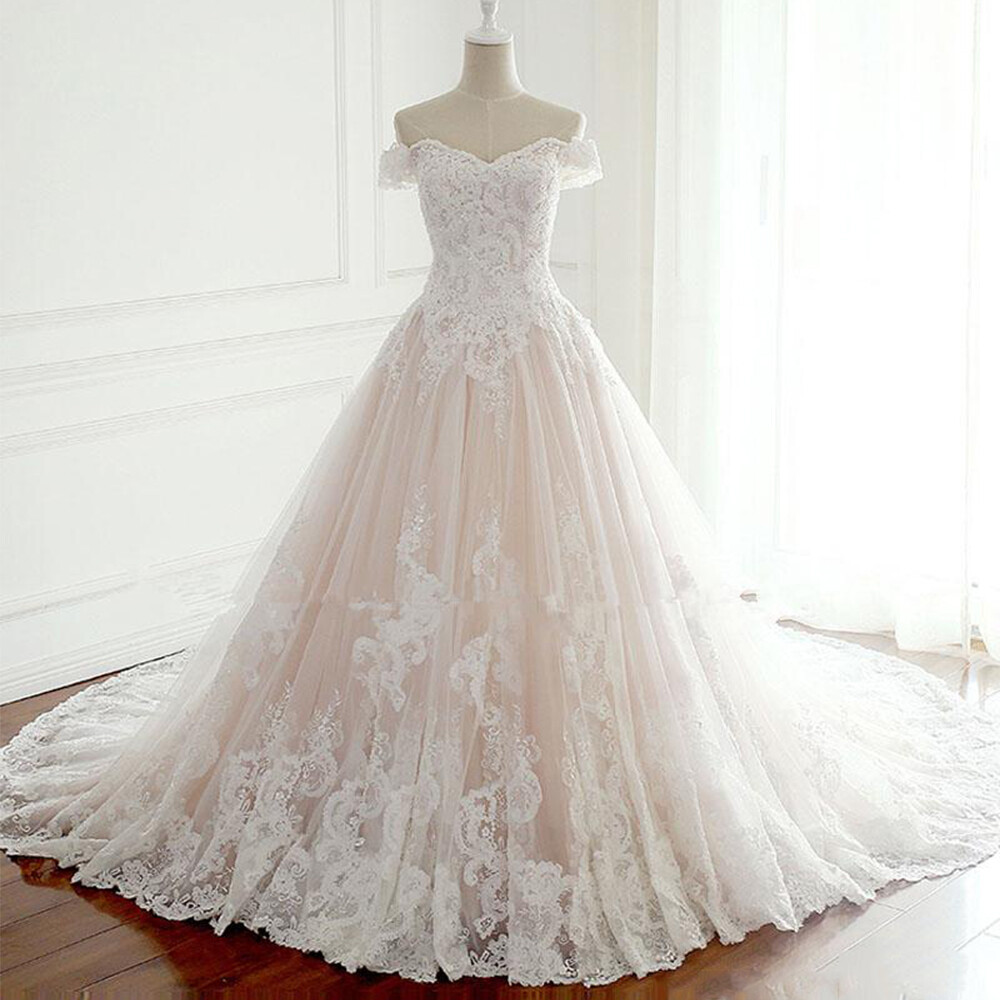 Blush Pink Off Shoulder Wedding Dresses Lace Appliques Bridal Gowns Sweep Train