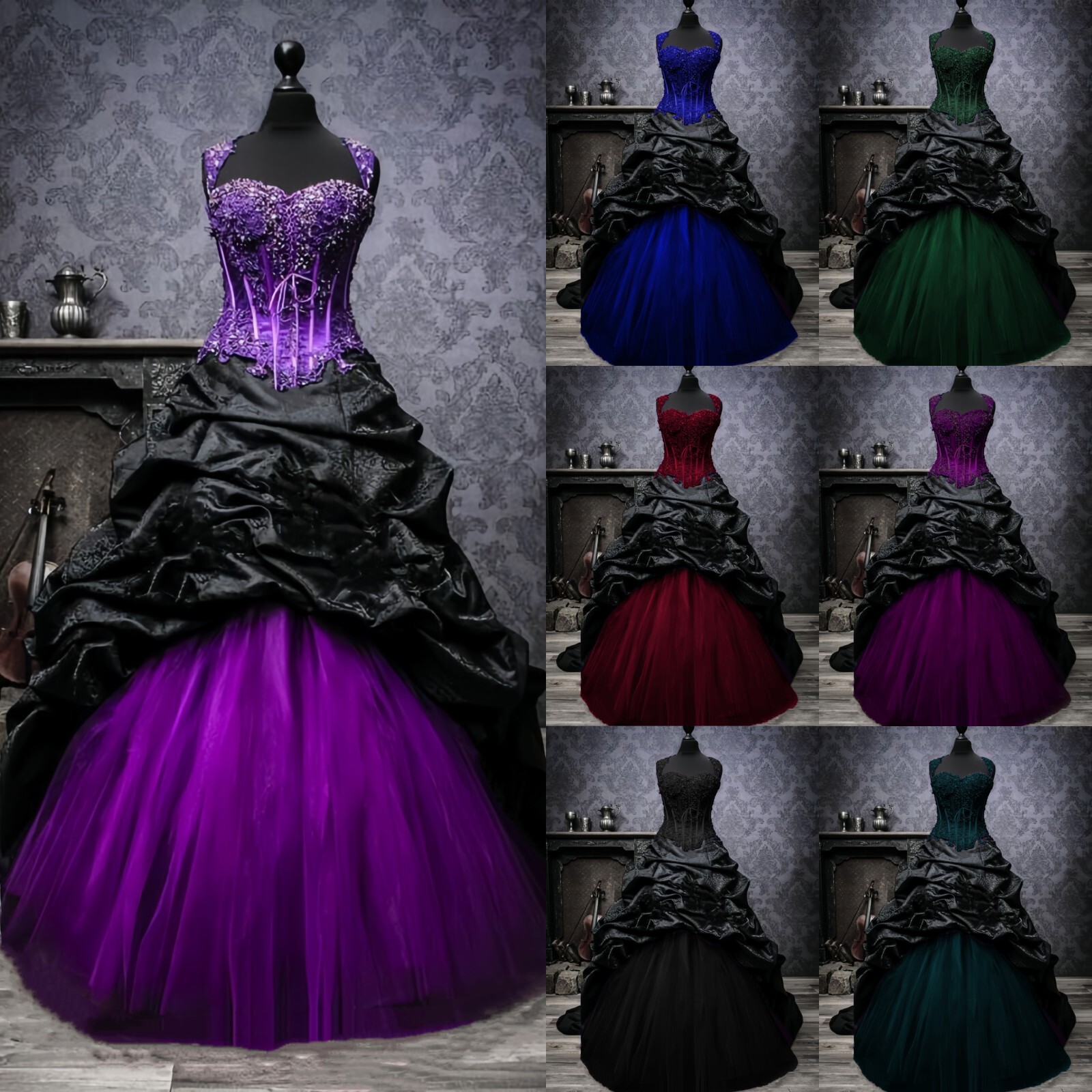 Vintage Gothic Wedding Dresses Victorian Black Jacquard Taffeta 1960s Ball Gowns