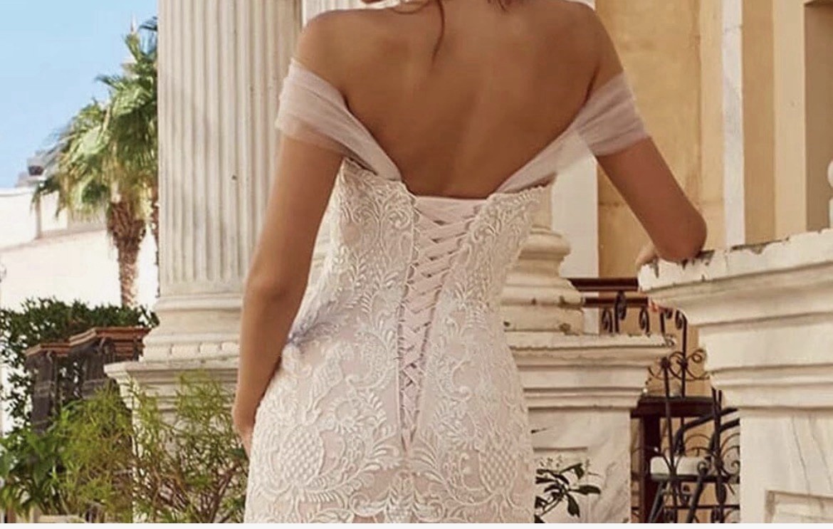 Ivory Off-Shoulder Portrait Lace Mermaid Wedding Dress w/ Train Corset Back