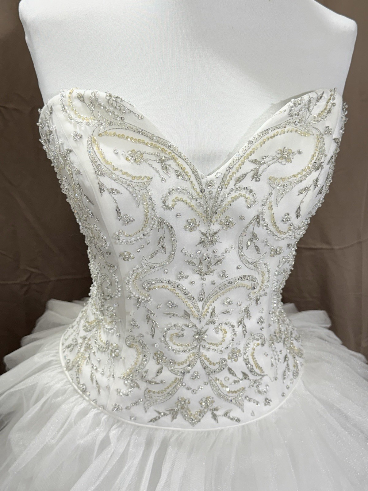 Moonlight Sz 8 White Strapless Beaded Bodice Tiered Layered Tulle Wedding Dress