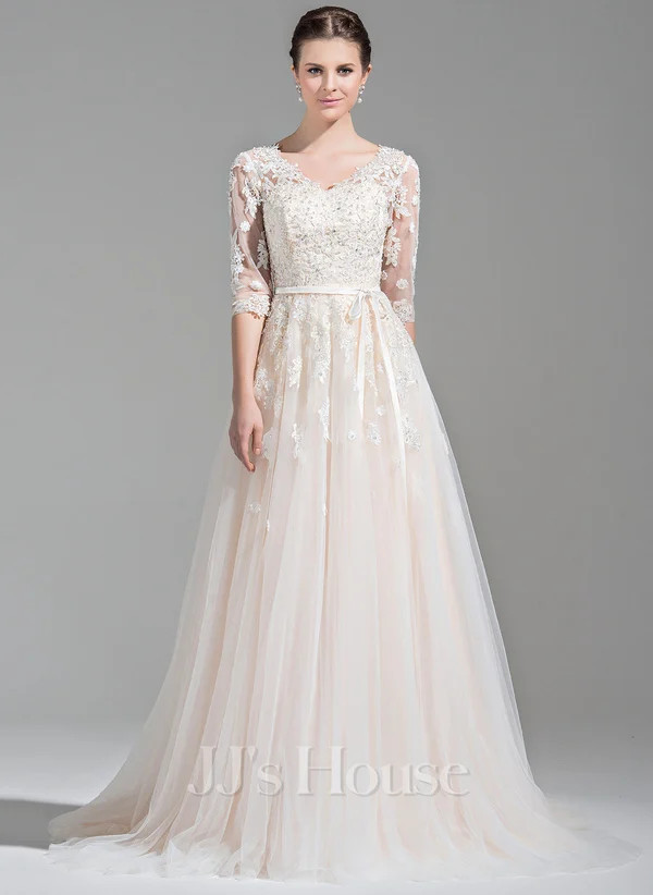 Ball-Gown/Princess V-Neck Court Train Satin Tulle Wedding Dress with Bow Sequins