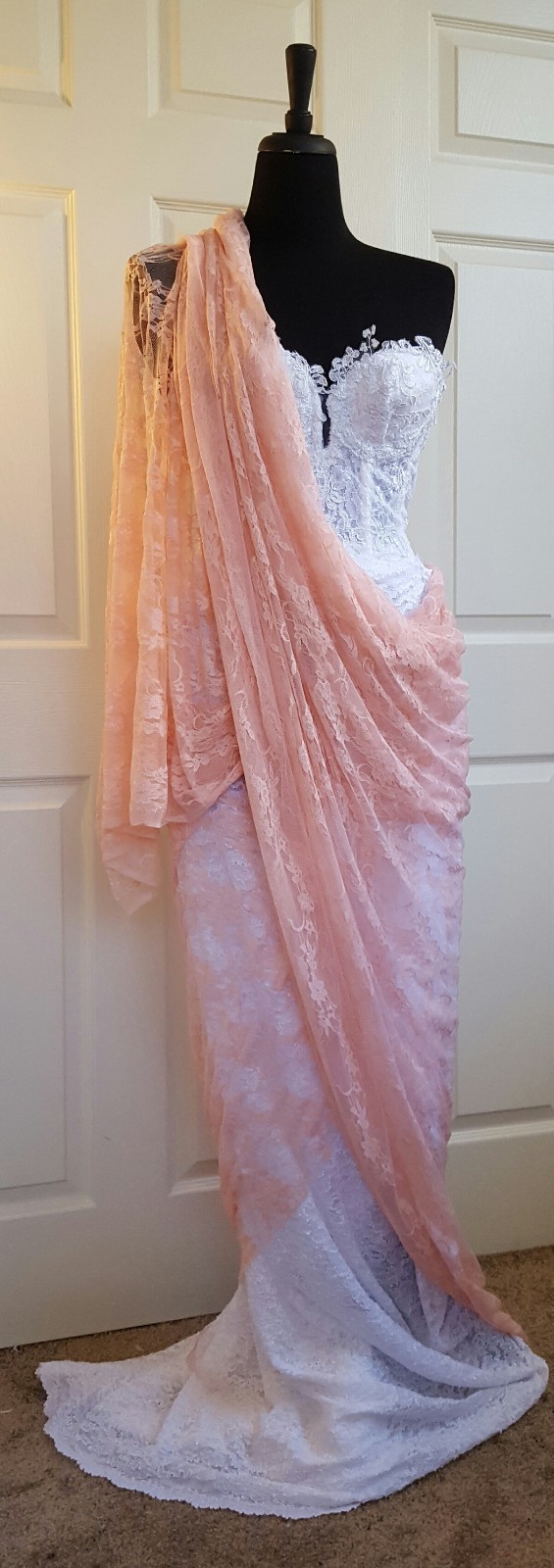 Blush Pink & White Corded Lace Sweetheart Corset Saree Sari Wedding Bridal Gown