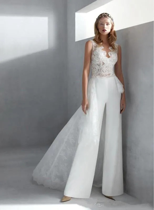 V Neck Lace A Line Wedding Dresses Jumpsuit Tulle Applique Ruched Bridal Gowns