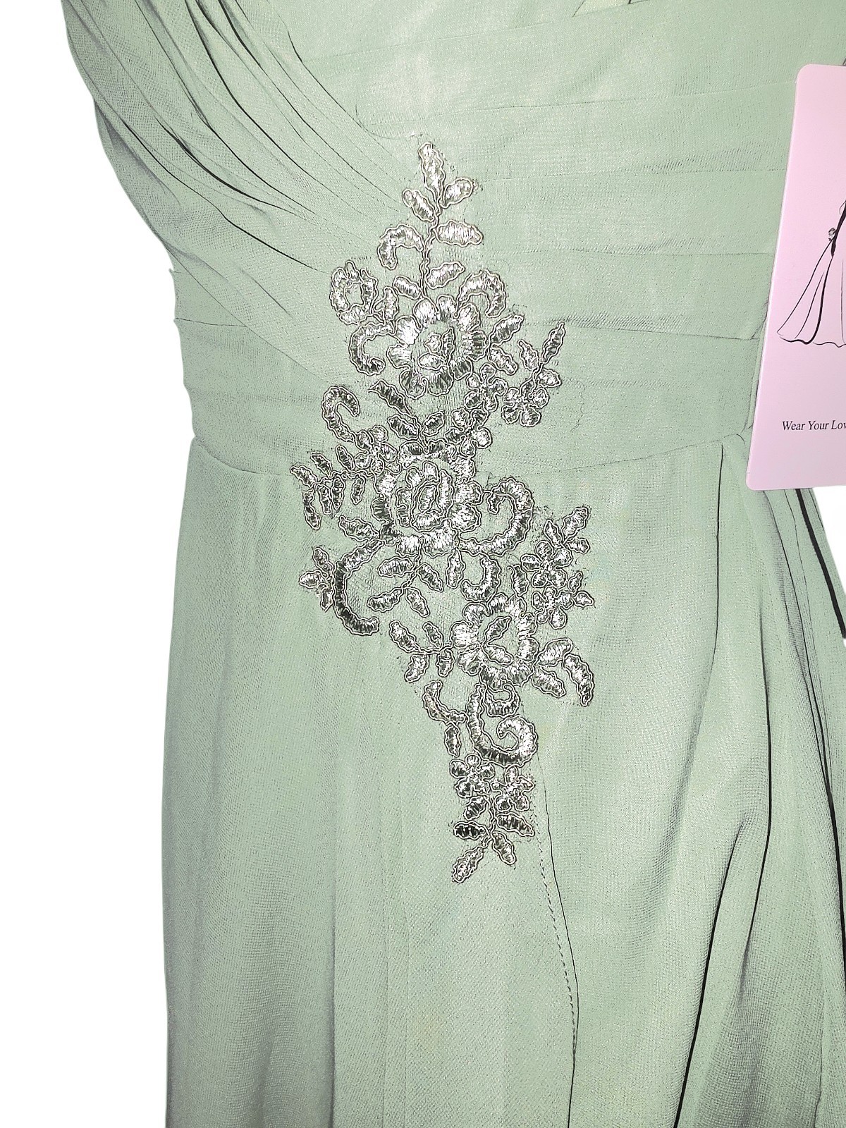 Chiffon Mint Green Midi Gown Size Med. New with Tags. Corset Back, Lace Applique