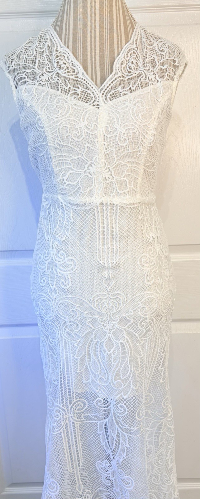 Gorgeous True White BOHO Beach Coastal Lace Cut Out Wedding Dress With Train~8