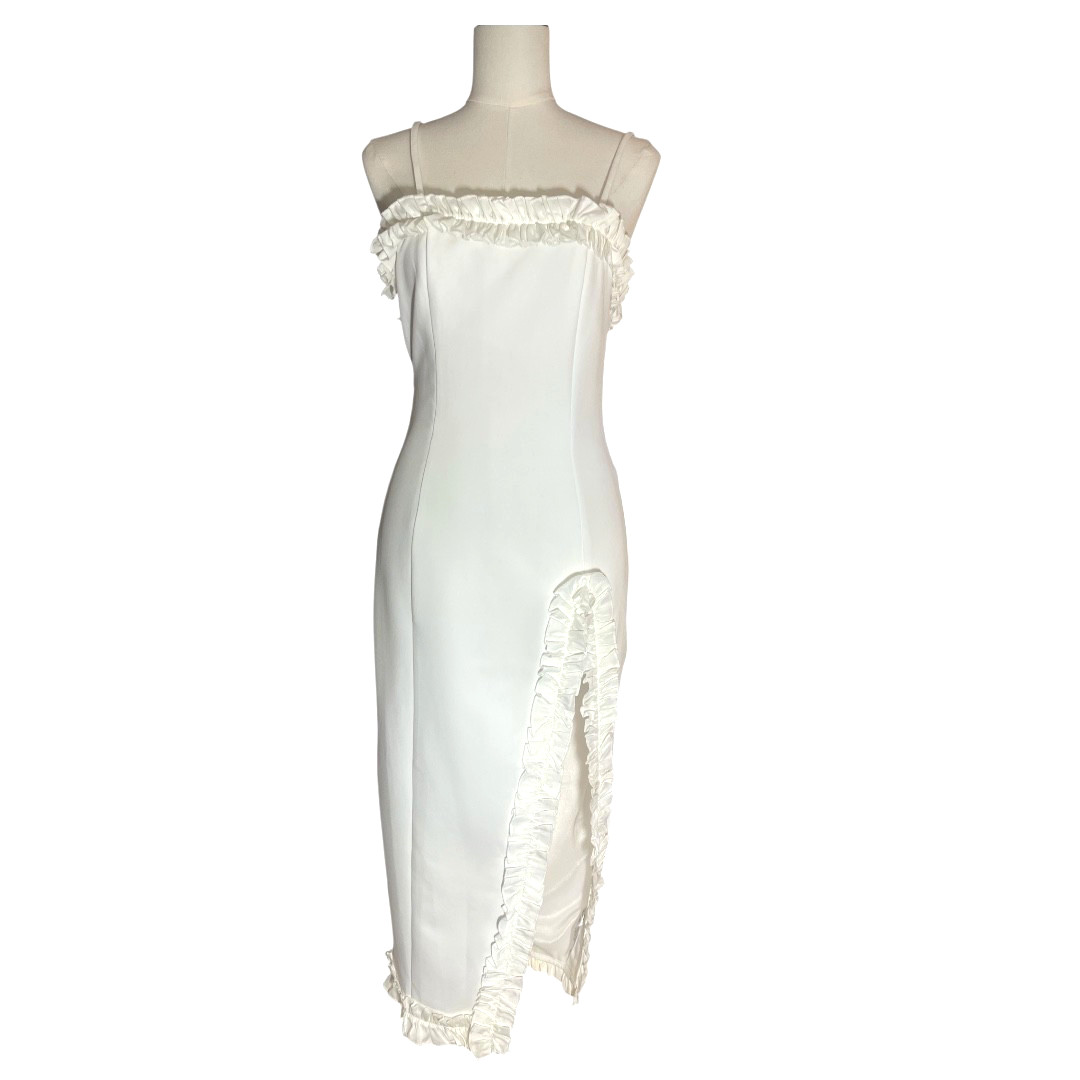 PrettyLittleThing White Ruffle Trim Midi Dress NWT Size 4 Romantic Slit Bodycon