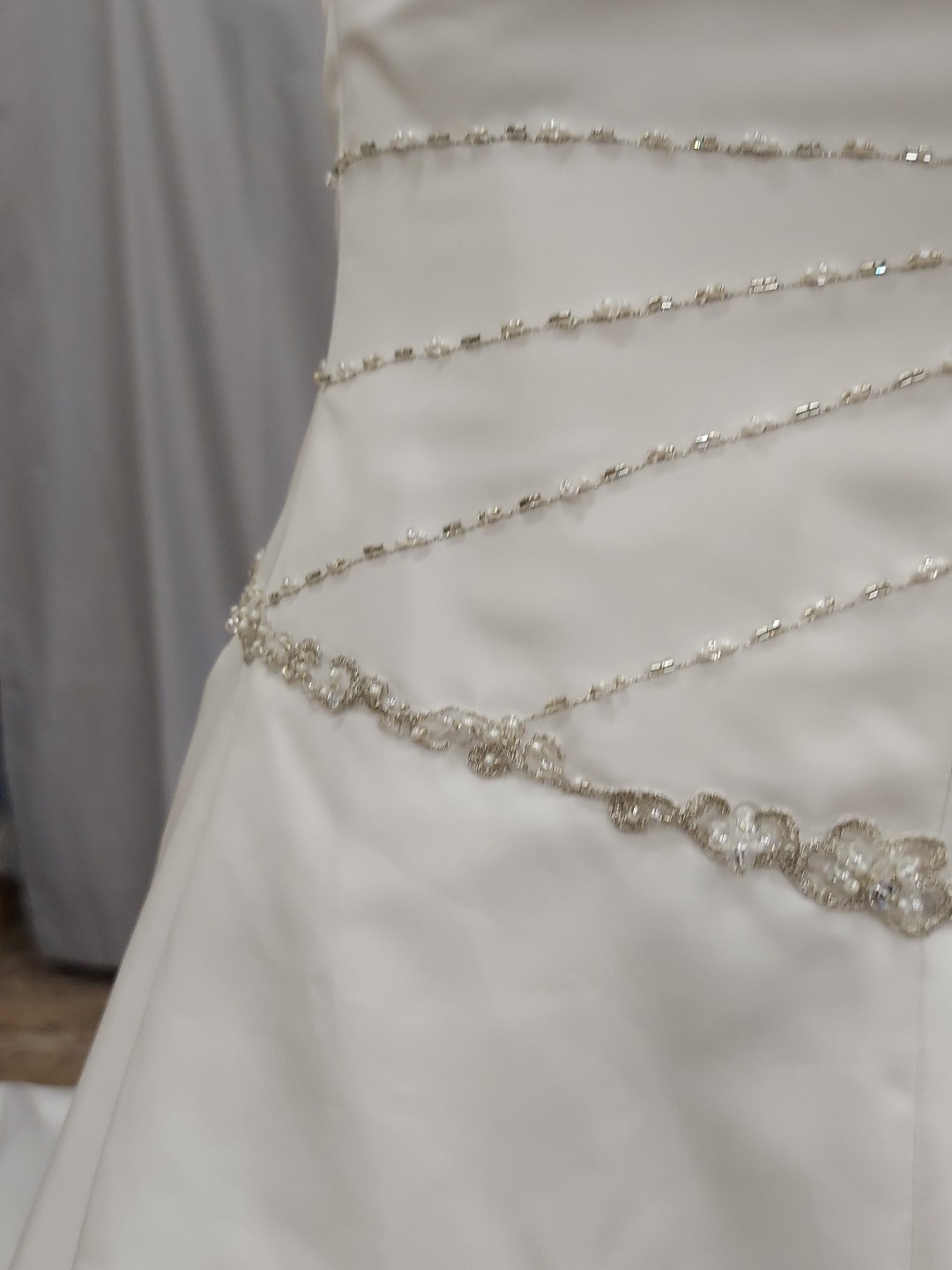 Eden Bridal White Pearl Beaded Gem Cementrical Train Adjustable Lace Down Back