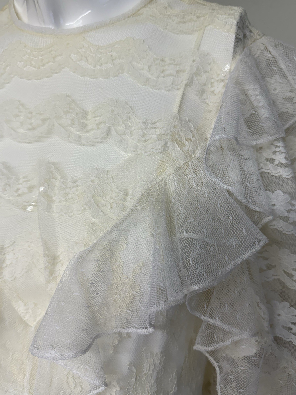 Vintage Wedding Dress Off White Lace Tier Puff Ruffled Sleeve No Tags?