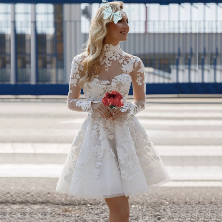 Short Wedding Dresses Bridal Gowns A-Line Tulle High Neck Long Sleeve Applique