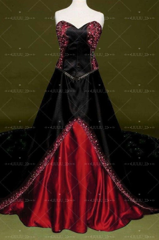 Gothic Black and Green Satin Wedding Dresses Sweetheart Embroidery Bridal Gowns