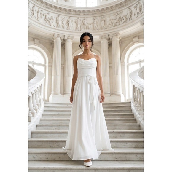 JJ’s House Ivory Chiffon Maxi Wedding Dress NWT Size 10 Cowl Neck A-Line Formal