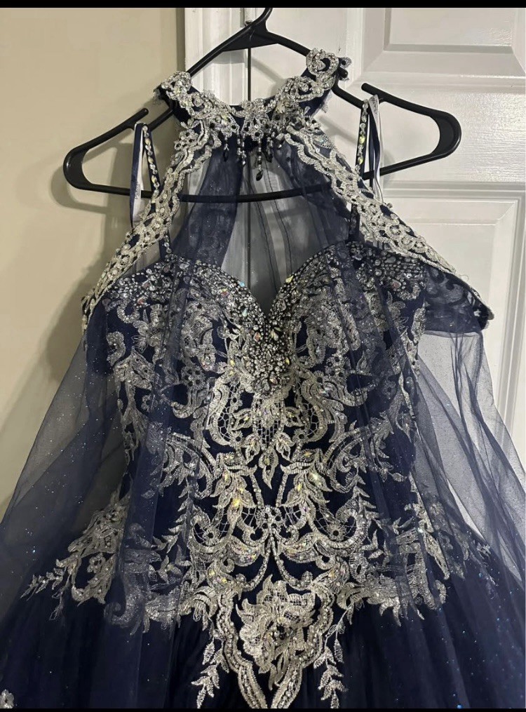 Blue Silver Halter Neck Ball Gown Wedding Dress Tulle Train Corset Lace