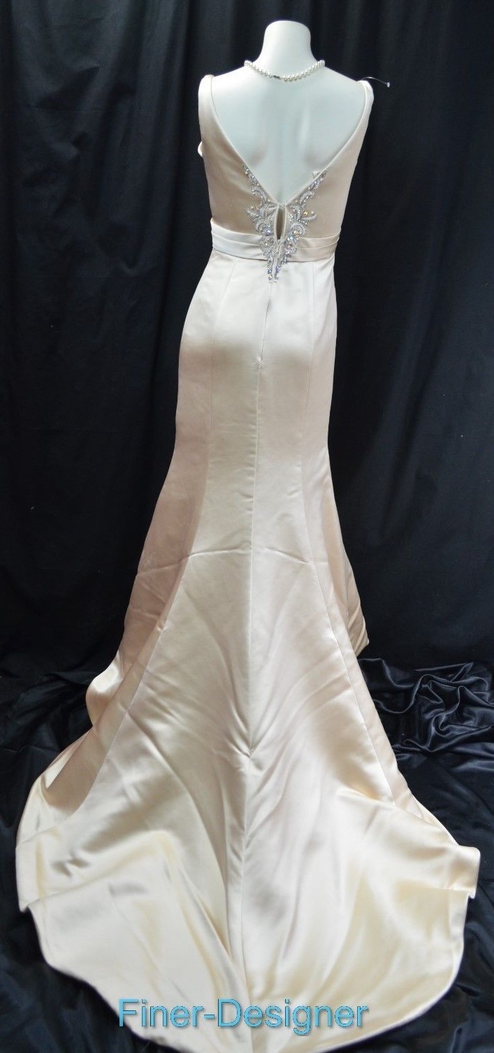DEMETRIOS BEADED TRUMPET Wedding bridal dress champagne satin sleeveless 10 NEW