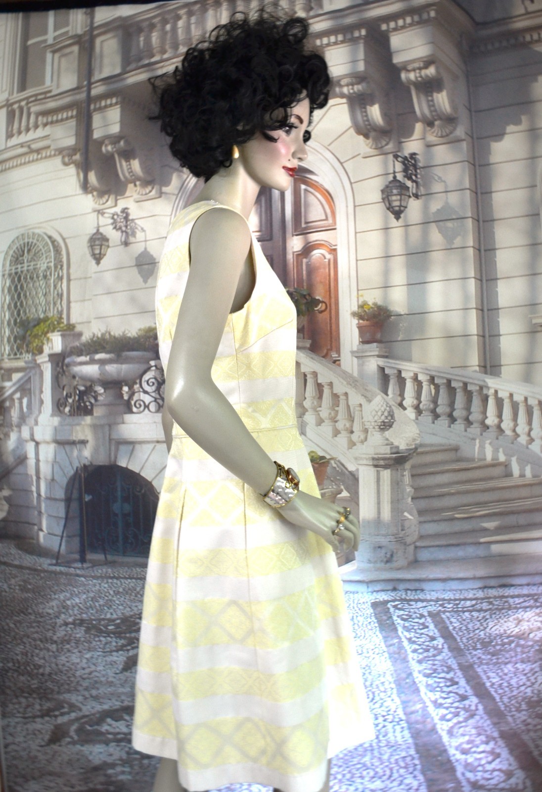 Maggy London Dress Size 8 Yellow White Brocade w/ Pearls Rhinestones New W/ Tags