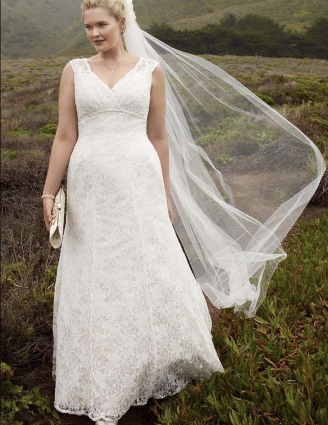 Davids Bridal Wedding Dress Size 18W Ivory Lace Beading Bustle Buttons T9612