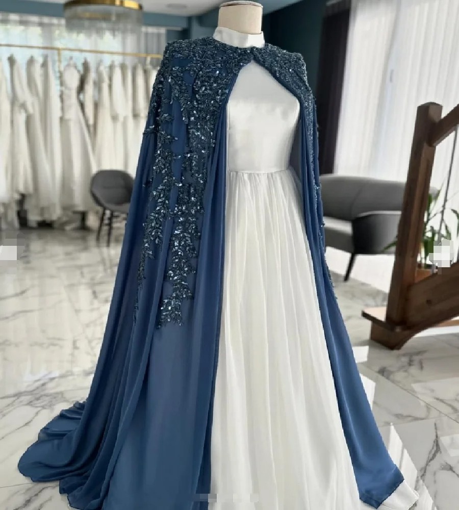 High Neck White Chiffon Wedding Dresses Navy Beaded Cape Formal Bridal Gowns