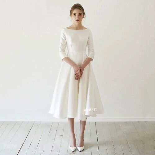 New Simple Wedding Dresses Satin Tea Length with Sleev Robe-de-mariee China