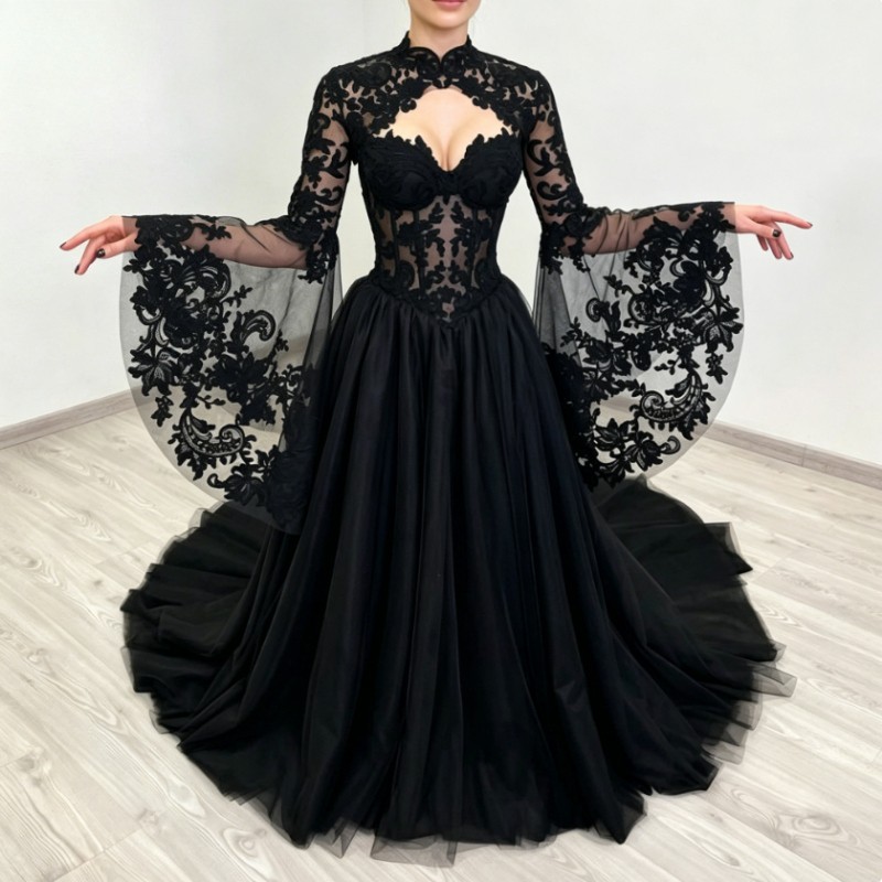 Gothic Black Long Sleeve Wedding Dresses Sweep Train Lace Applique Bridal Gowns