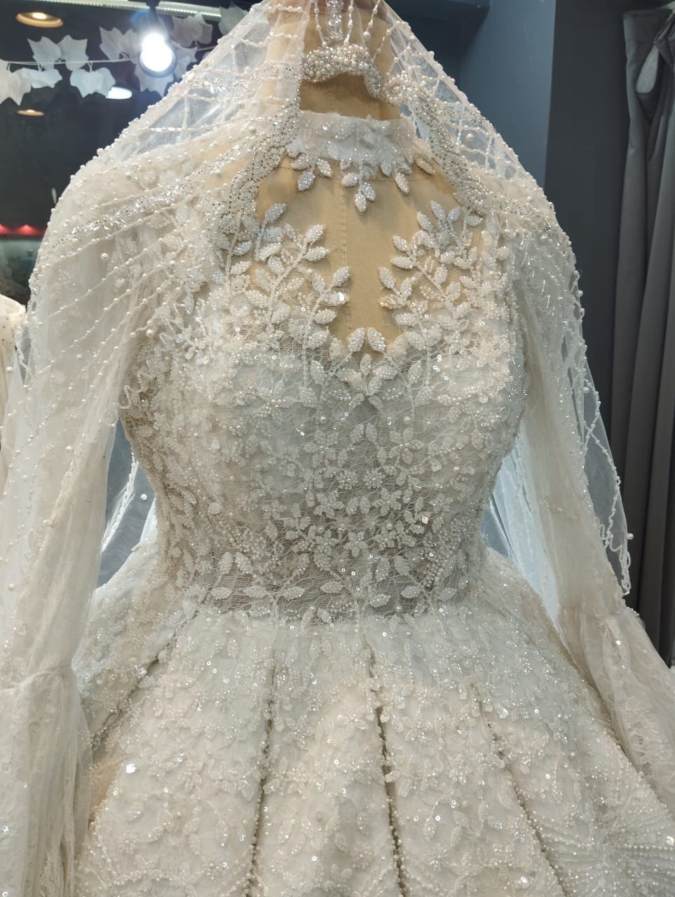 White Lace Beaded Sequin Illusion Neck Ball Gown Wedding Dress Train Corset