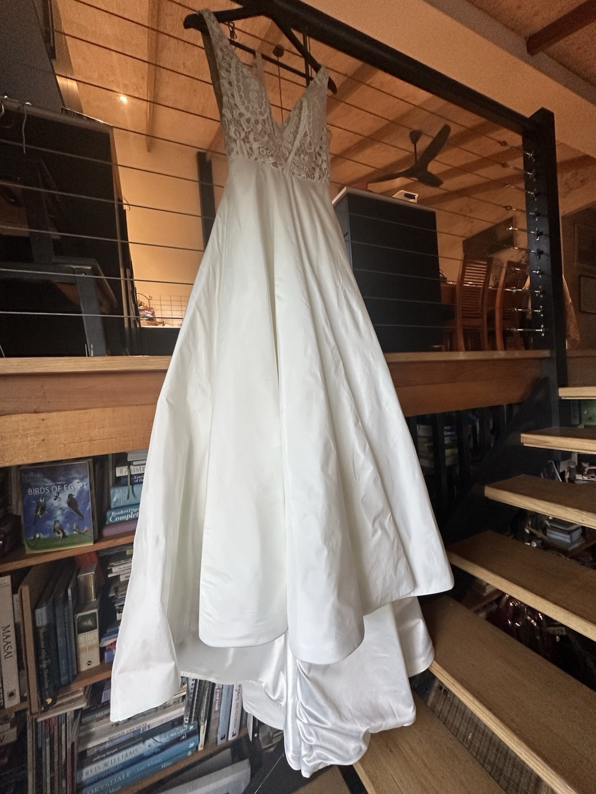 New handmade White/Ivory Lace satin Wedding Dress size S-M in original cover.