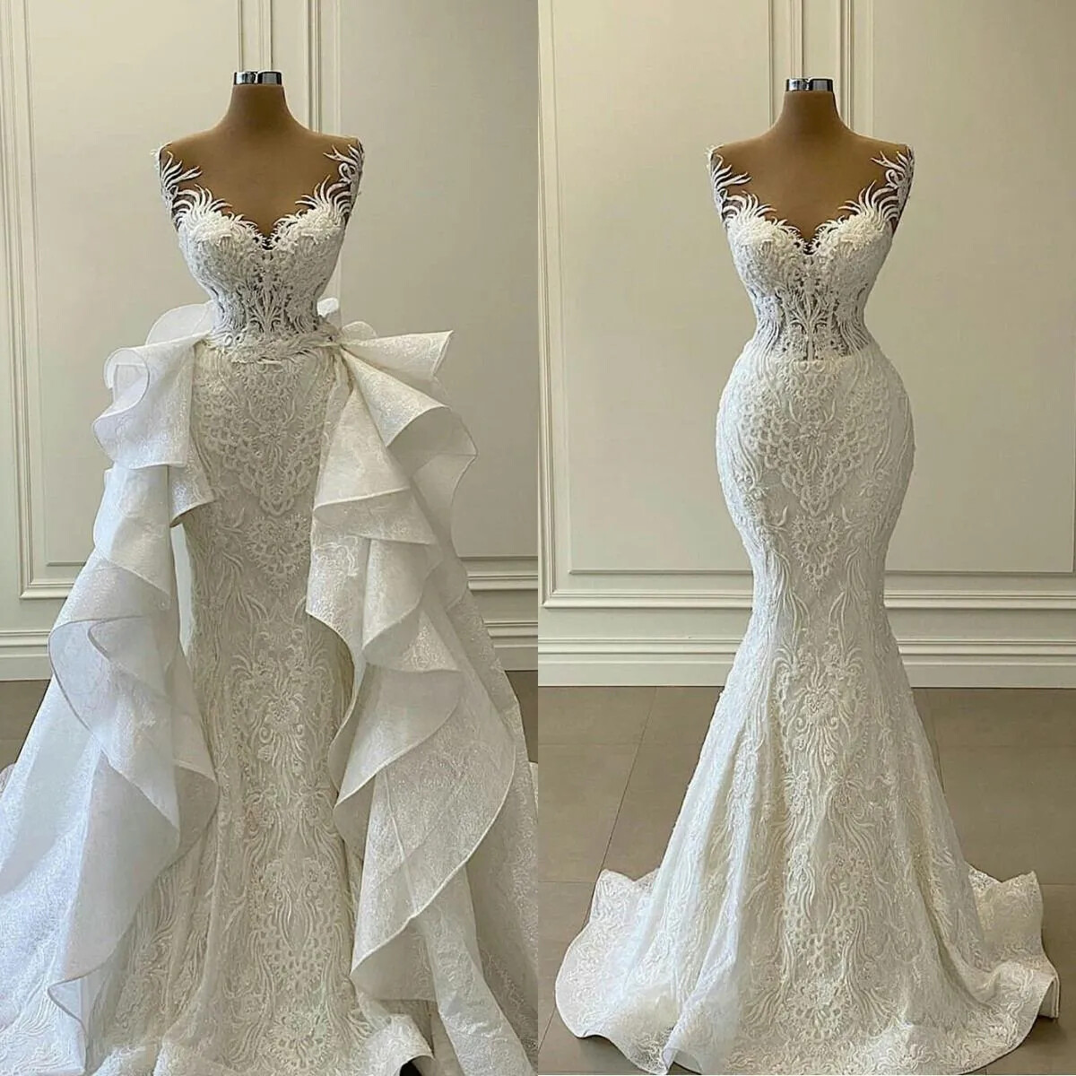Mermaid Wedding Dresses with Detachable Train Ruffles Lace Appliqued Bridal Gown