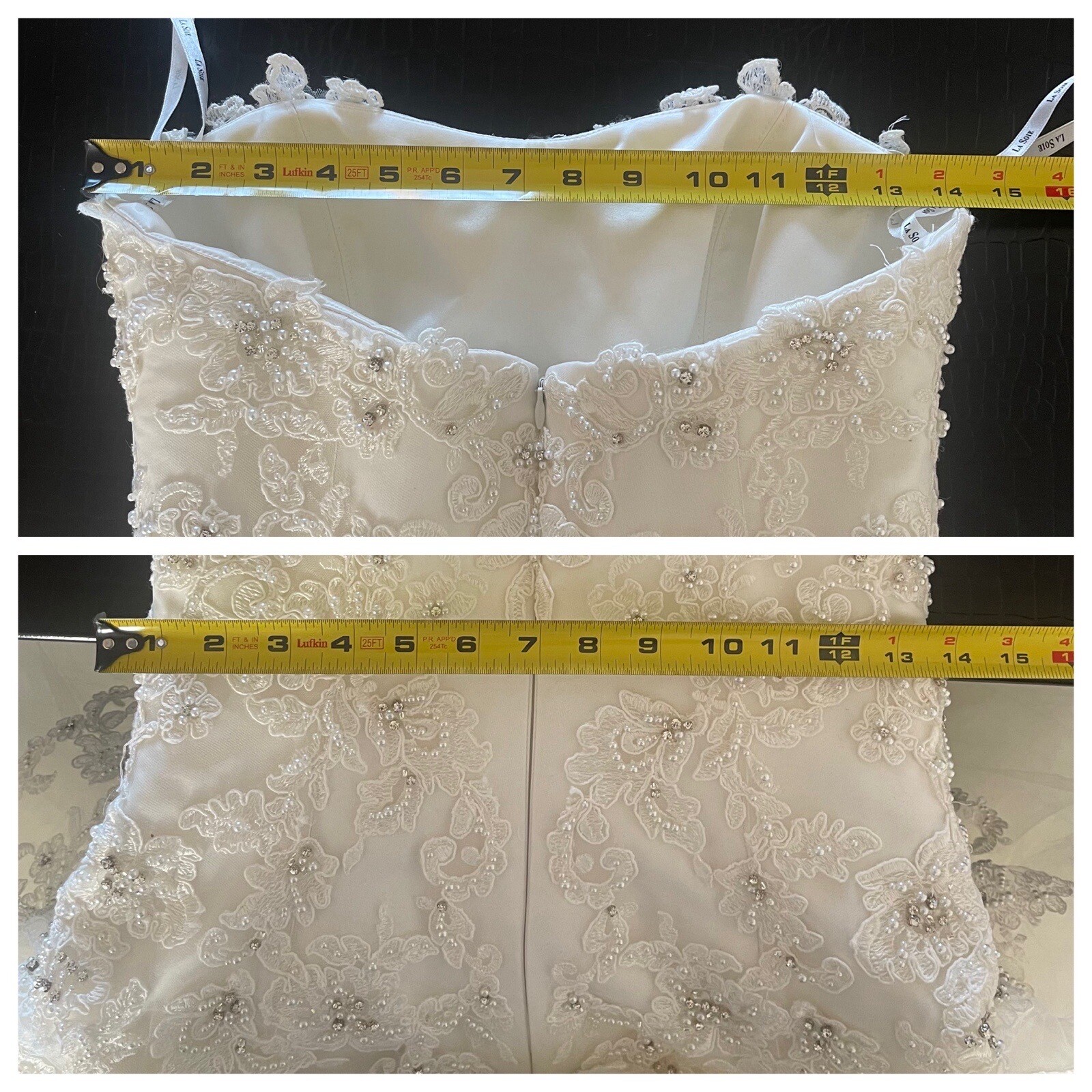 La Soie Bridal Wedding Gown White Tulle Ball Gown Strapless Crystals Beaded US 6