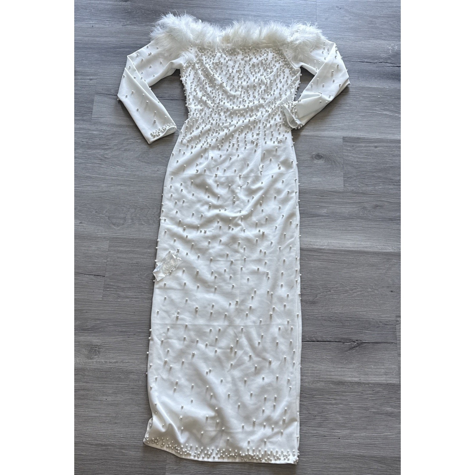 Beaded Pearl Formal Wedding Dress Gown w/Feathers White, Large