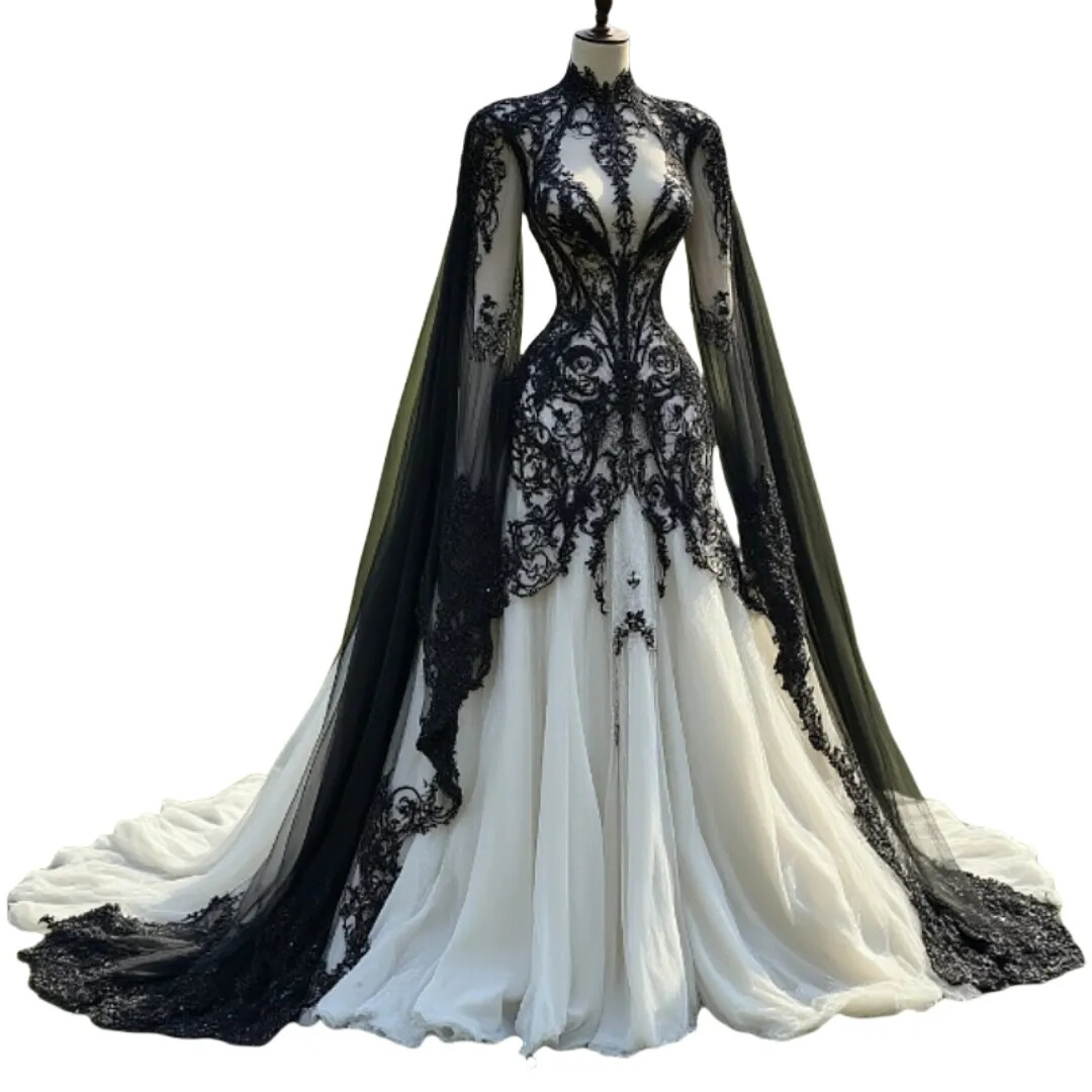 Black+White Wedding Dresses Gothic Lace Applique with Cape Sleeves High Collar