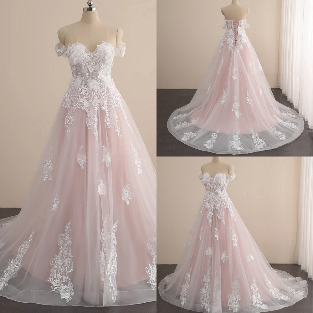 Pink Lace Wedding Dresses 3D Flowers Beaded Off Shoulder Bridal Gown Sweep Train