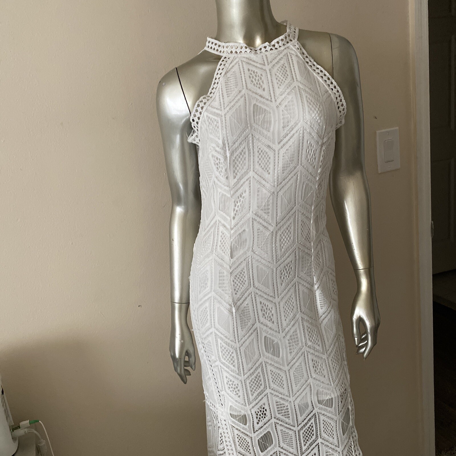 Backless Elegant White Lace Maxi Boho Casual Beach Vacation Dress wedding L Lg