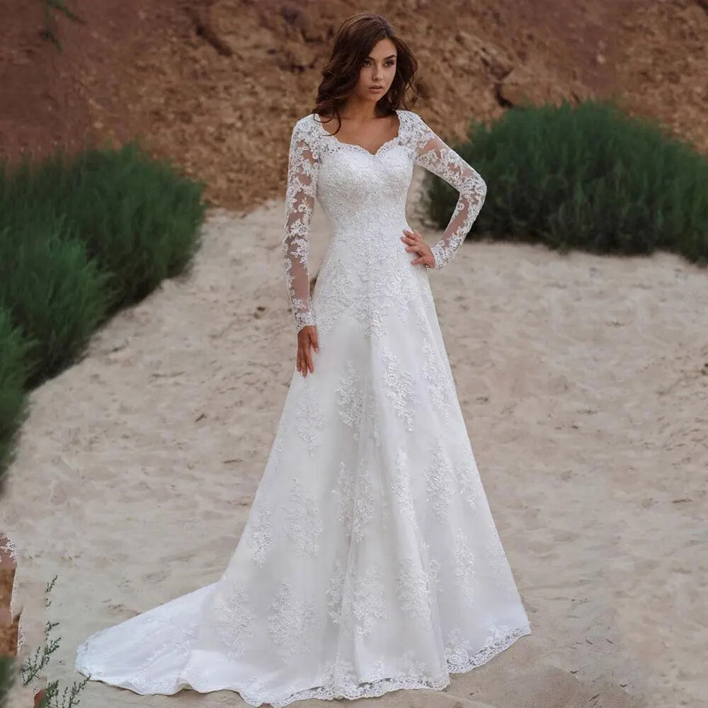 Lace Up A-line Wedding Dress V-neck Lace Applique Long Sleeves Boho Bridal Gowns