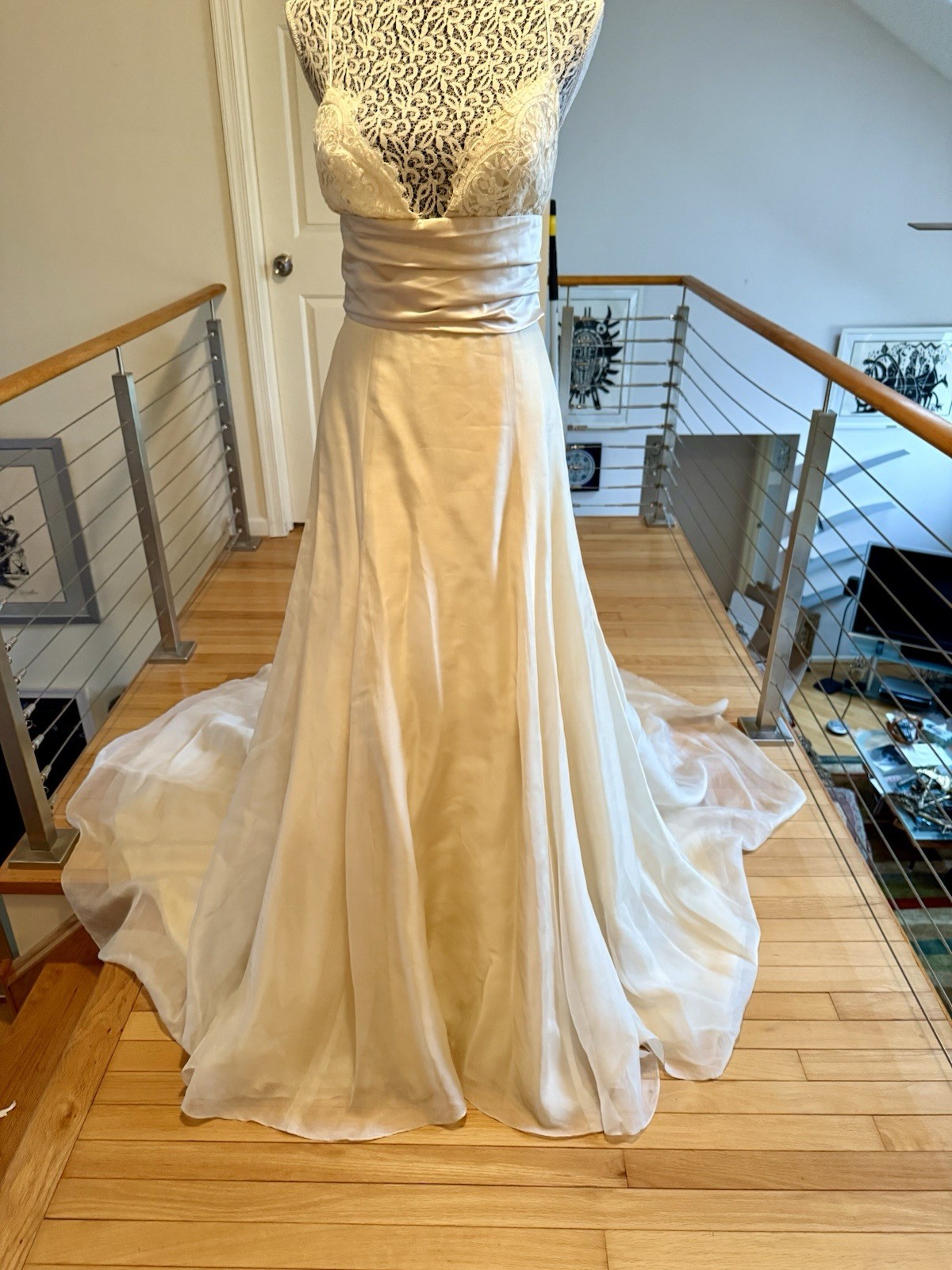 AMSALE Bali S (4) Ivory A-Line Organza Silk Lace Bralette Wedding Dress