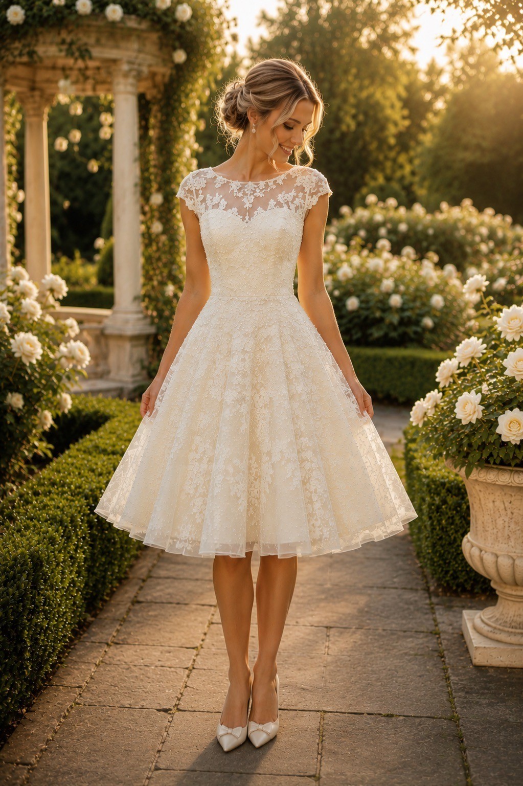 Romantic Bridal Oleg Cassini CMK513 Ivory Lace Beaded Wedding Dress Size 4 Tea L