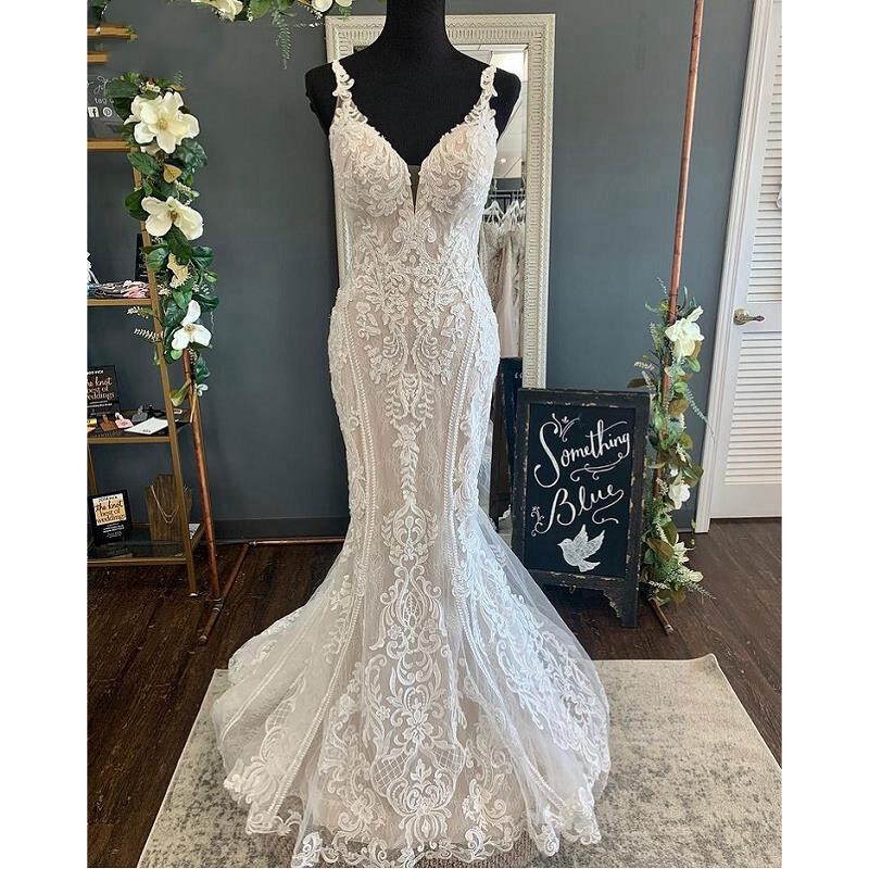 Mermaid Wedding Dresses Straps Backless Lace Appliques Sweep Train Bridal Gowns