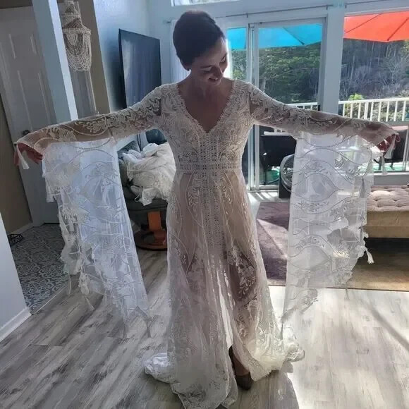 Boho Mermaid A-LIne Wedding Dress with Long Bell Sleeves V Neck and Beading