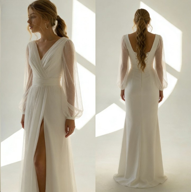 Glitter Tulle Boho Wedding Dress V-Neck Long Sleeves Pleat Lace-Up Bridal Gowns