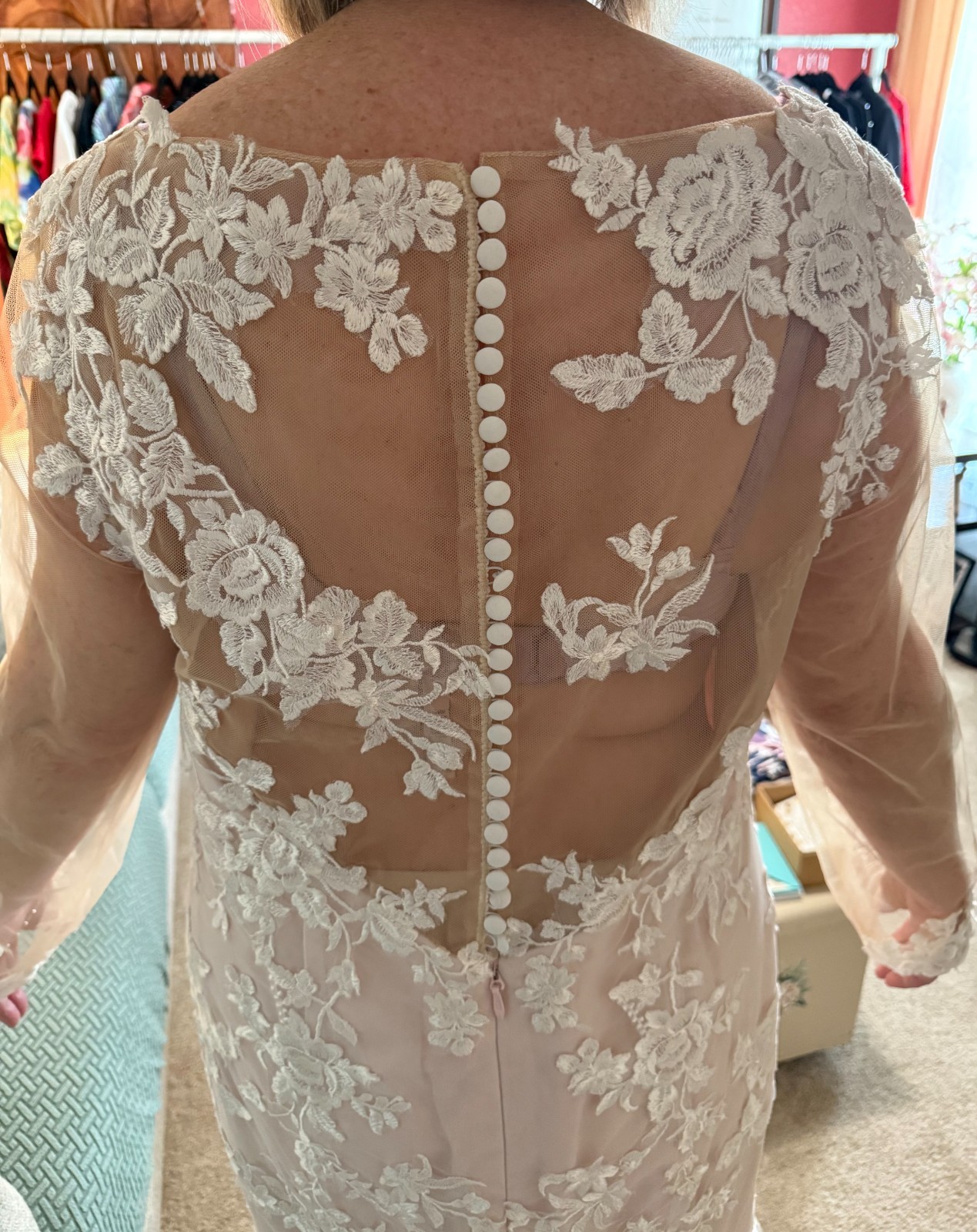 CUSTOM MADE PEACH/BLUSH WEDDING DRESS WITH LINER, LACE & SILK COVERED BUTTONS