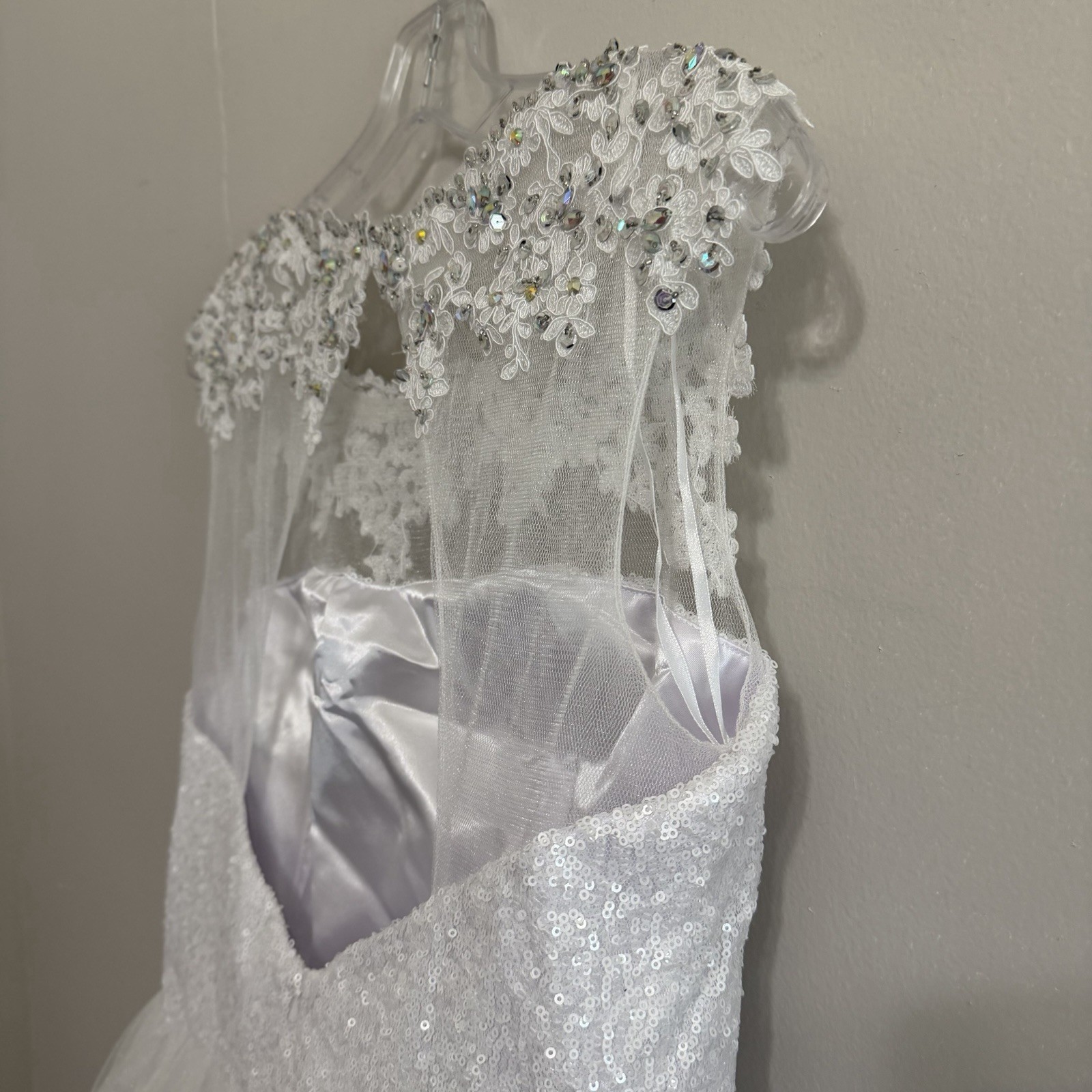 Let’s 5522 White Illusion Cap Sleeve Lace Beaded Sequin Tulle Dress L