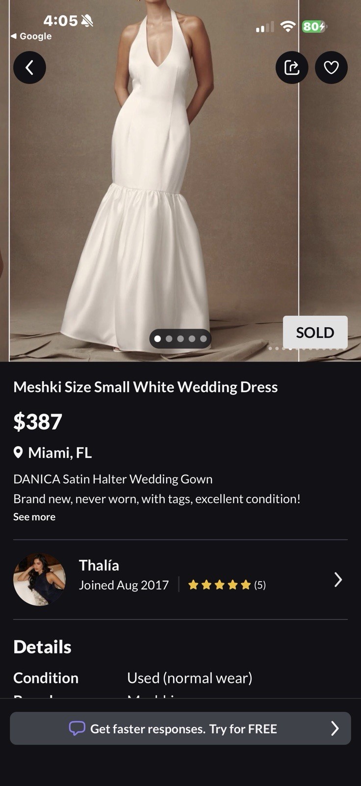 Meshki Danica White Satin Halter V-Neck Mermaid Full-Length Wedding Dress S