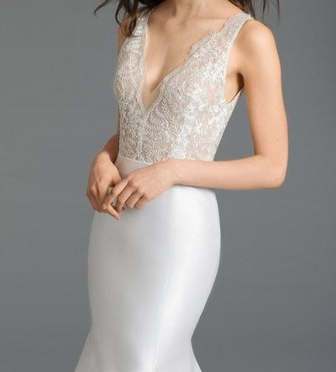 Tara Keely Mia Wedding Dress 0-6 Mikado Fit & Flare Lace V Bodice Low Back