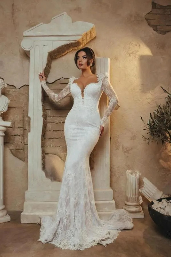 Elegant Mermaid Wedding Dresses Illusion Long Sleeves Lace Applique Bridal Gowns