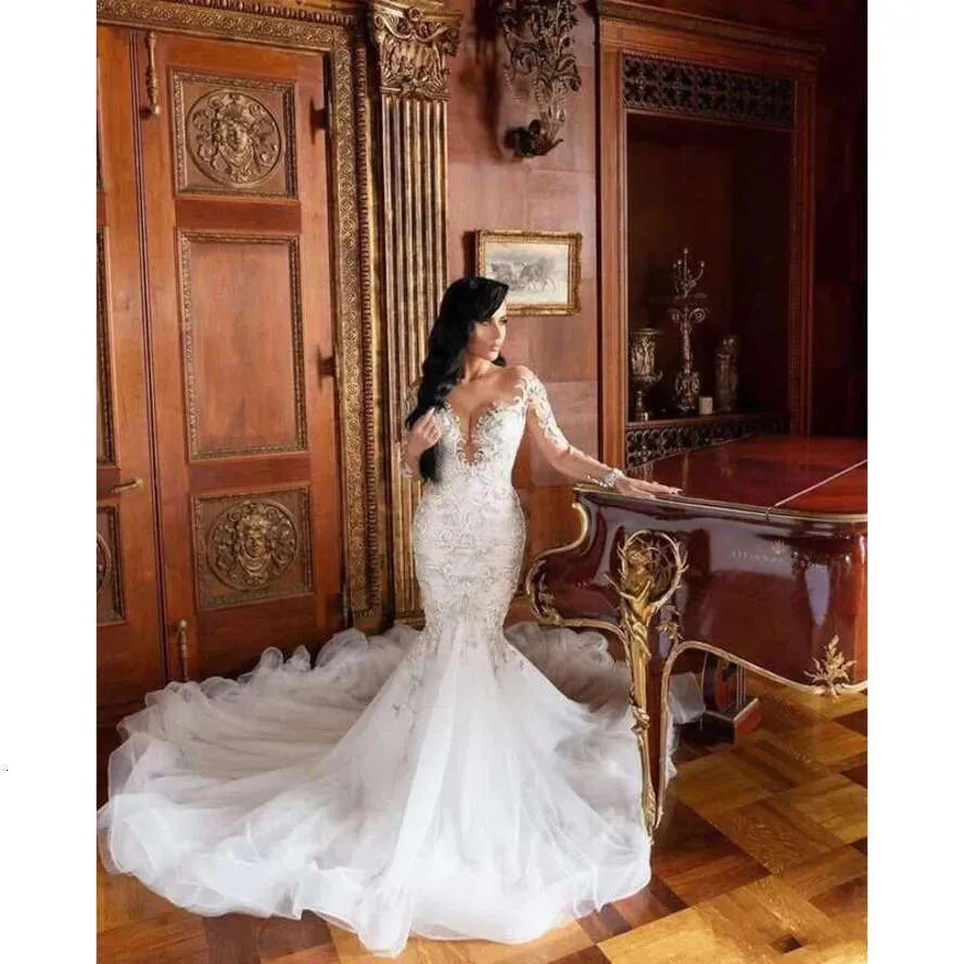 Sexy Mermaid Wedding Dresses Long Sleeves Lace Crystals Court Train Bridal Gowns