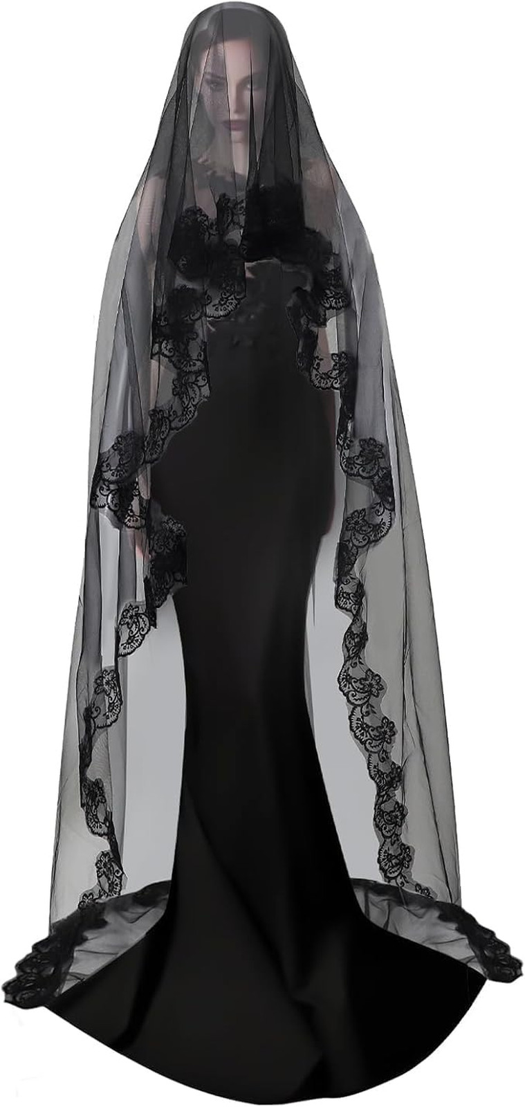 1 Tier Black Bridal Veil 10Ft Long Gothic Sheer Lace Cathedral Wedding Dress